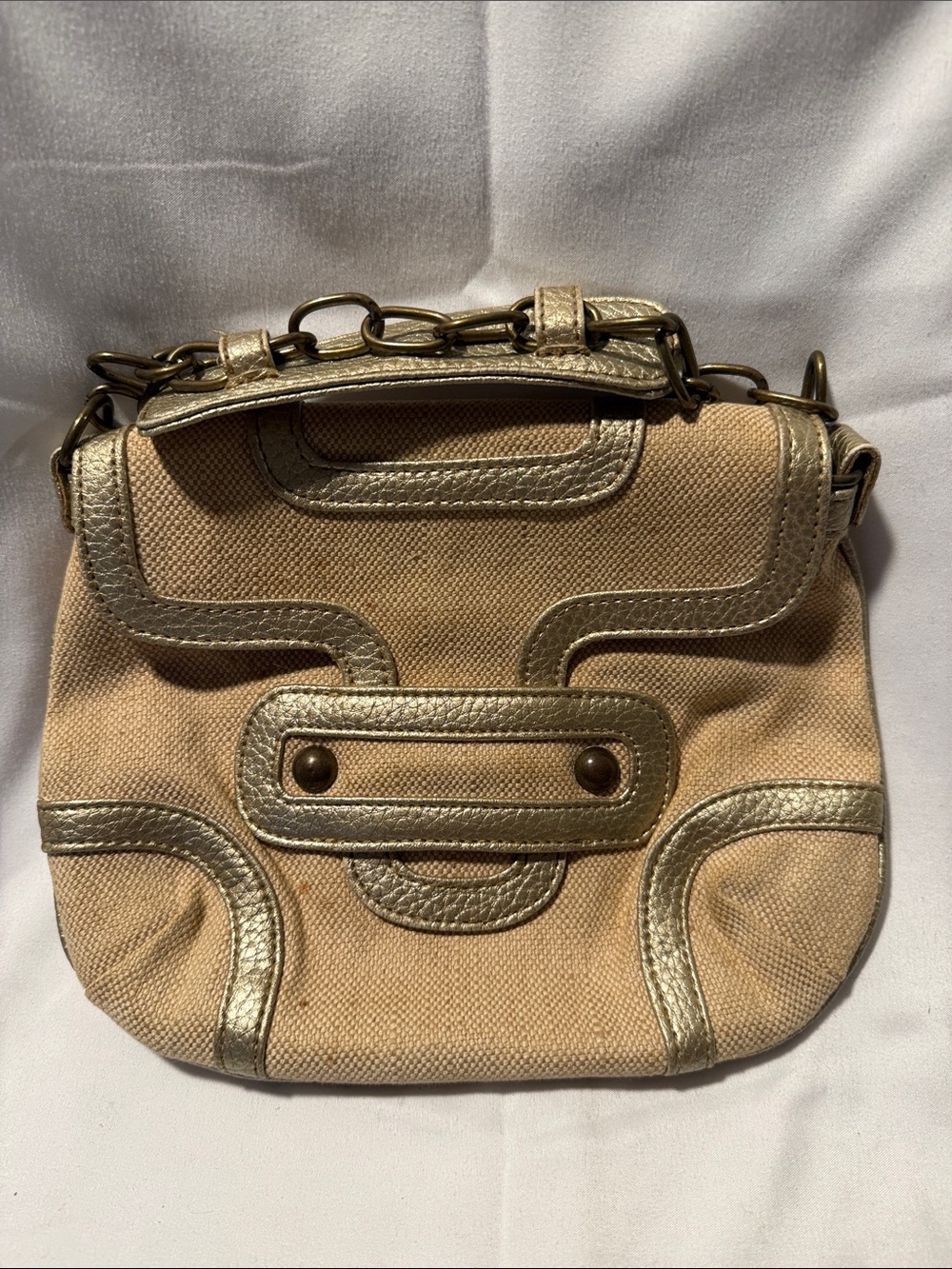Beige Canvas purse with Gold Metallic Trim, chain strap